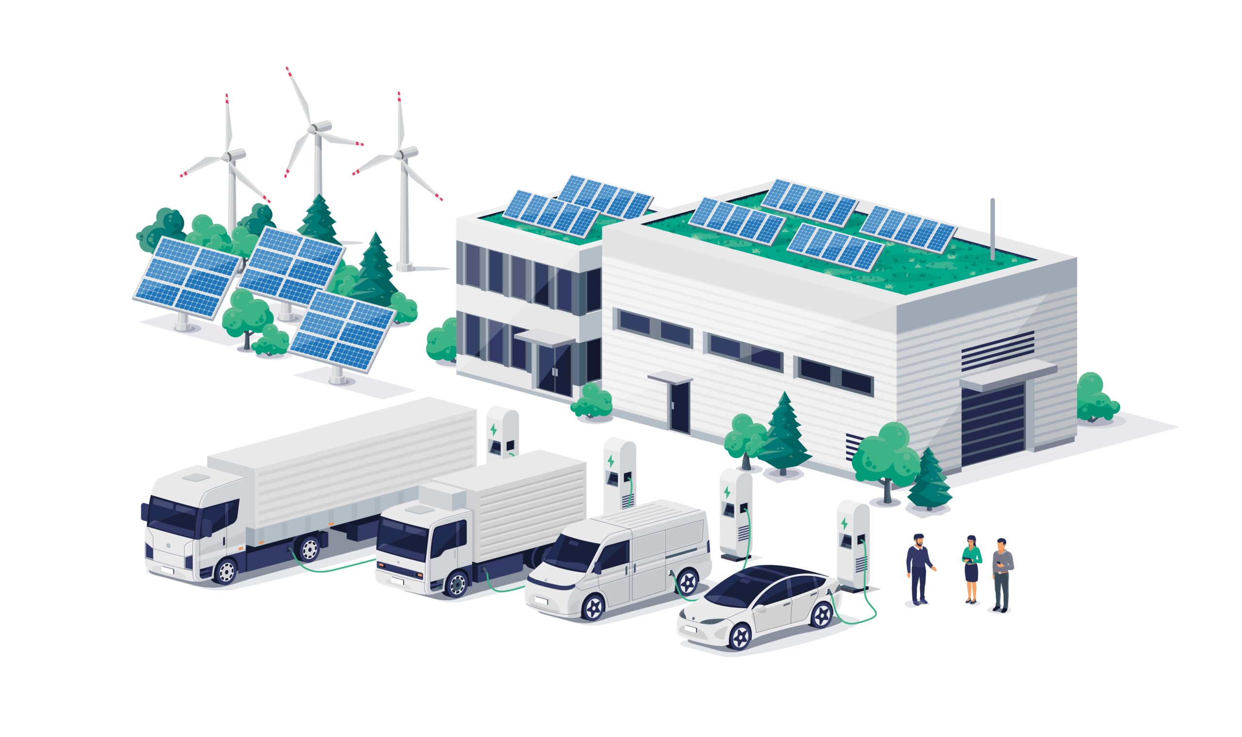 Monteure installieren Photovoltaikanlagen auf Dächern und Freiflächen. E-Autos und LKWs laden mit der Energie aus der Sonne.